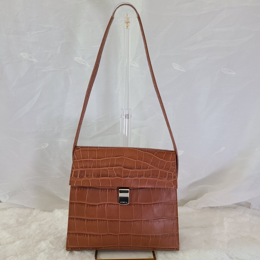 Furla Croc-Embossed Brown Leather Shoulder Bag – Italian Luxury